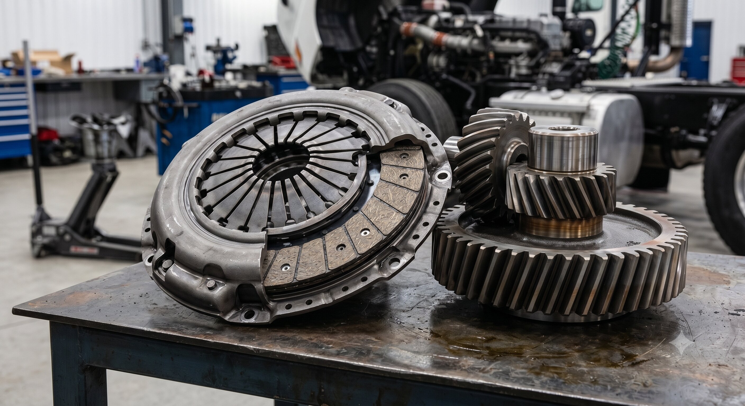Clutch & Transmission - Clutch plate and gears on steel table