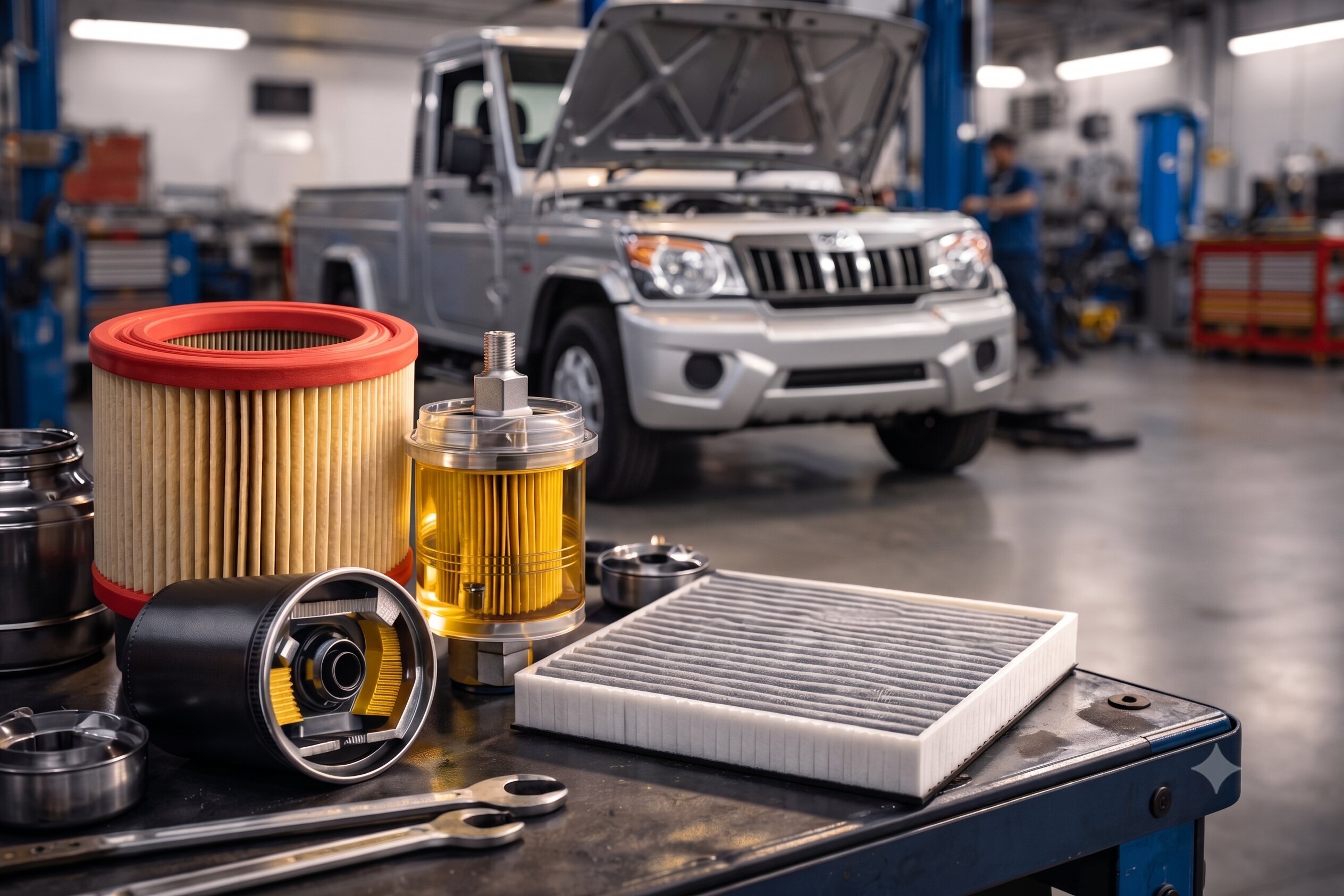 Engine & Filtration - Filters on workbench with silver pickup truck