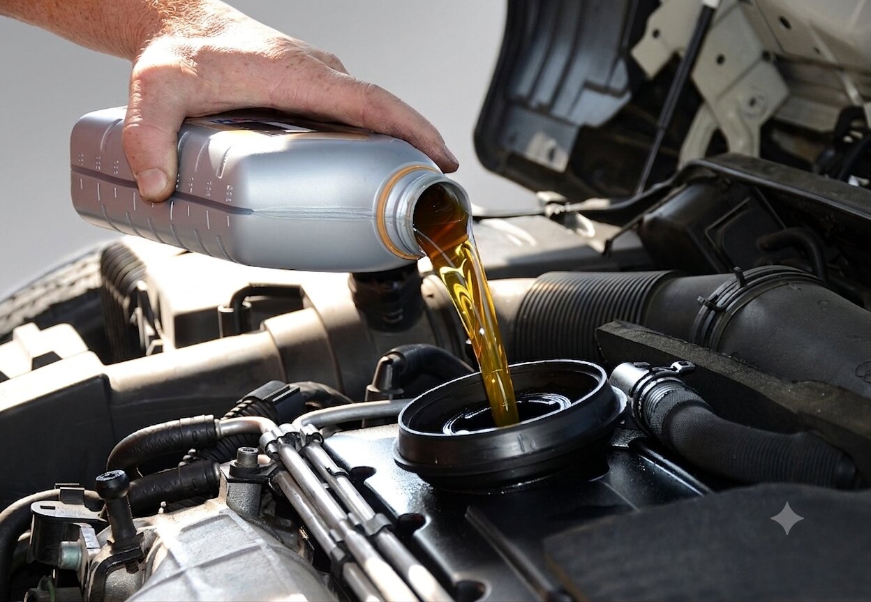 Lubrication Oil - Hand pouring golden oil into engine